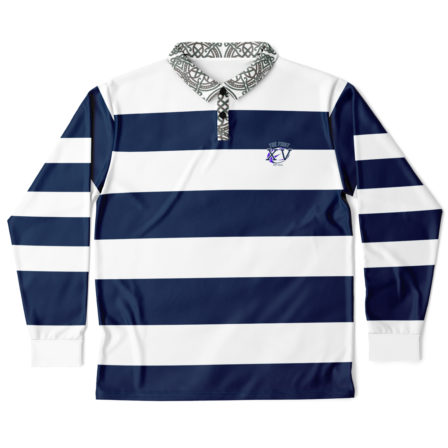 The First XV Blue and White Vintage Rugby Polo Style  Shirt