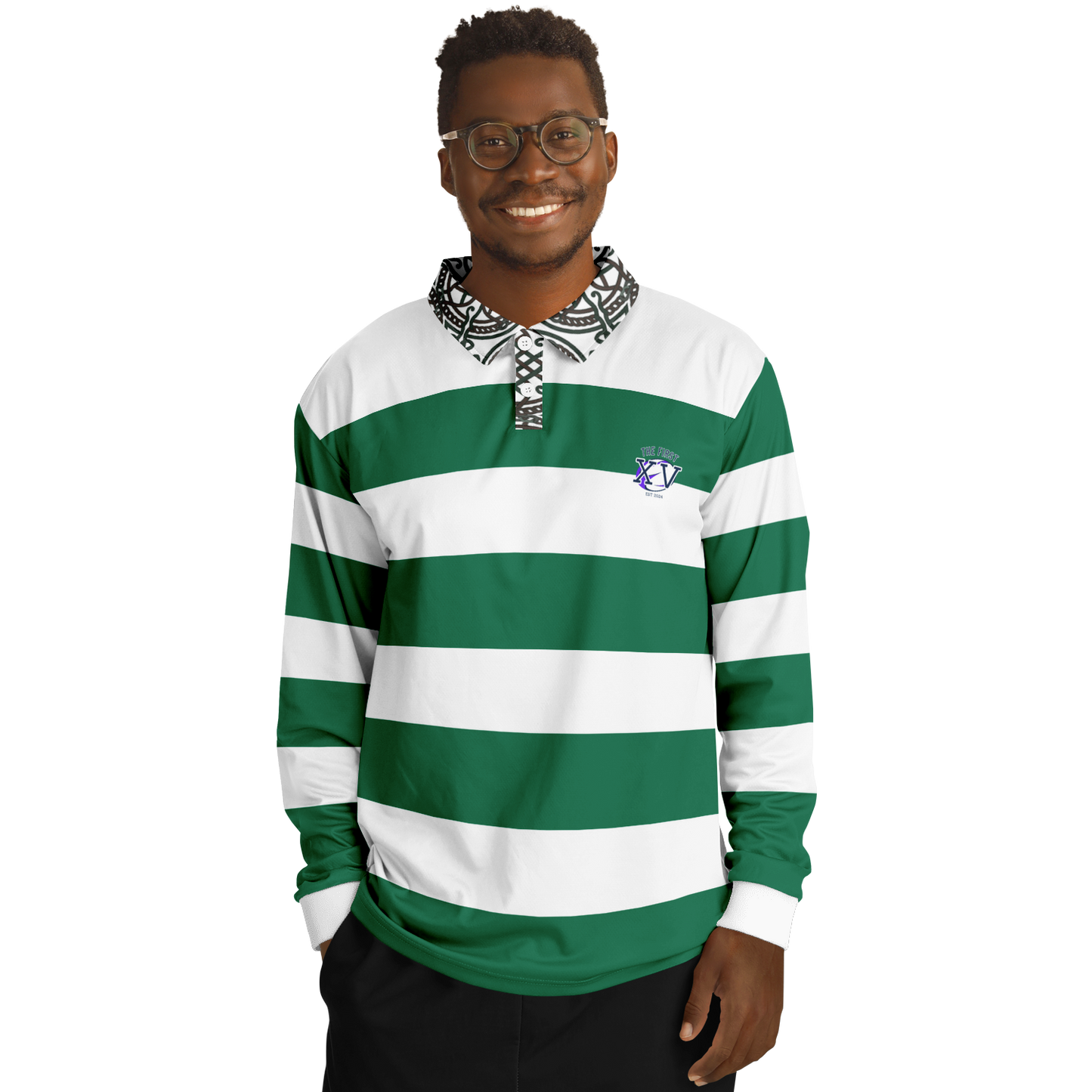 The First XV Green and White Vintage Rugby Style Polo Shirt