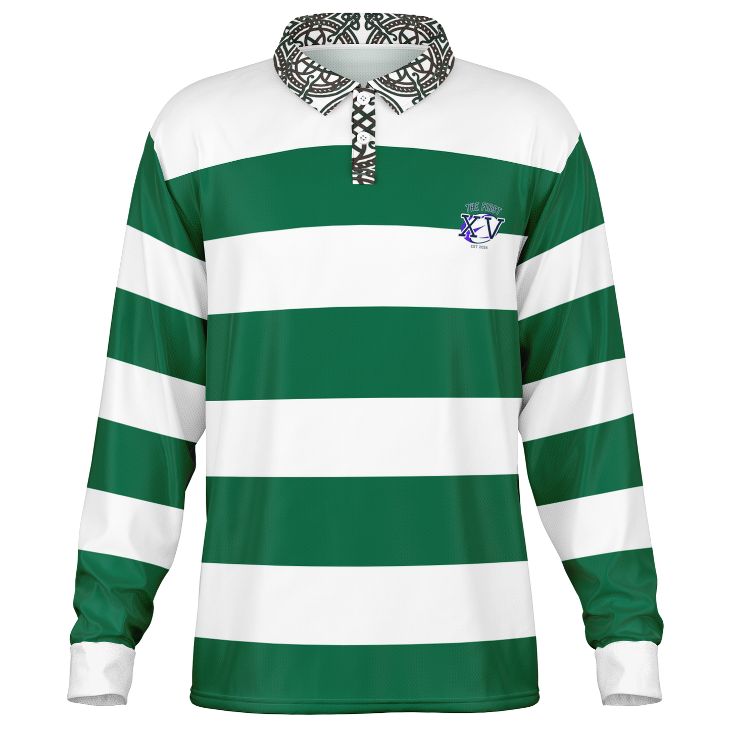 The First XV Green and White Vintage Rugby Style Polo Shirt