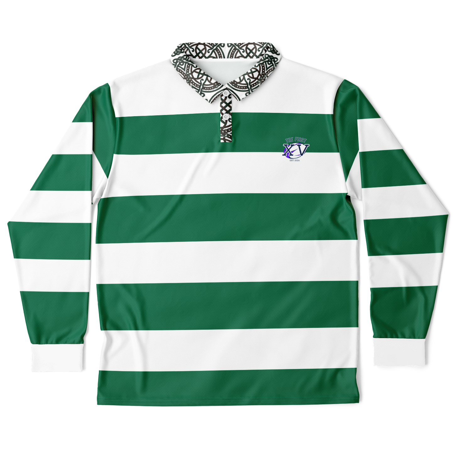 The First XV Green and White Vintage Rugby Style Polo Shirt