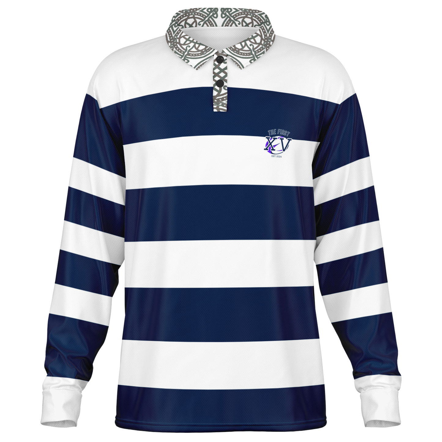 The First XV Blue and White Vintage Rugby Polo Style  Shirt